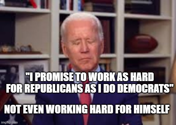Working hard....NOT! | "I PROMISE TO WORK AS HARD FOR REPUBLICANS AS I DO DEMOCRATS"; NOT EVEN WORKING HARD FOR HIMSELF | image tagged in sleepy joe,biden,sad joe biden | made w/ Imgflip meme maker