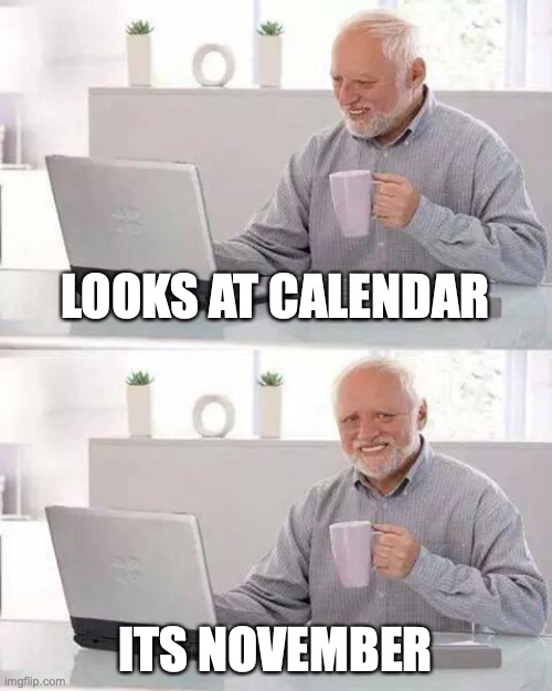 *OOFING INTENSIFIES* | LOOKS AT CALENDAR; ITS NOVEMBER | image tagged in memes,hide the pain harold | made w/ Imgflip meme maker