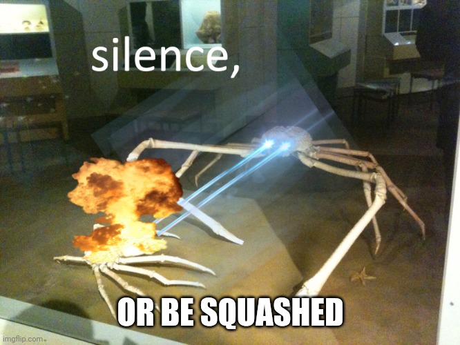 silence | OR BE SQUASHED | image tagged in silence | made w/ Imgflip meme maker