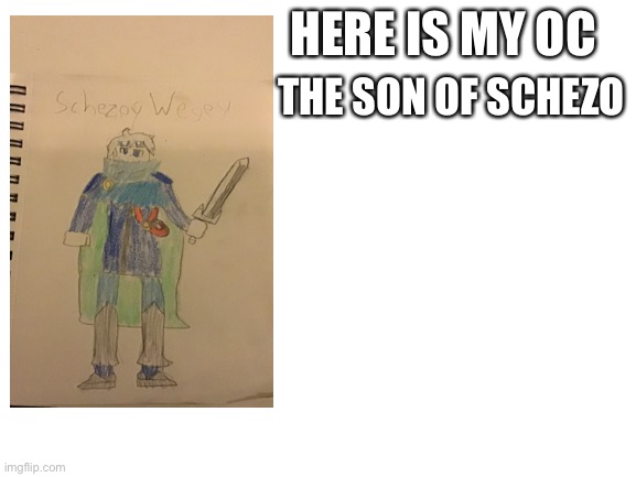Blank White Template | THE SON OF SCHEZO; HERE IS MY OC | image tagged in blank white template | made w/ Imgflip meme maker