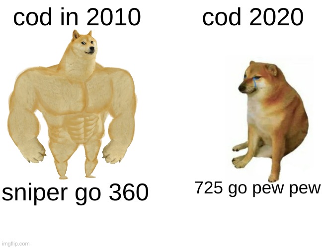 Buff Doge vs. Cheems Meme | cod in 2010; cod 2020; 725 go pew pew; sniper go 360 | image tagged in memes,buff doge vs cheems | made w/ Imgflip meme maker