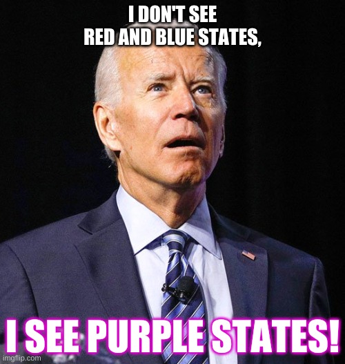 Biden's Purple States | I DON'T SEE RED AND BLUE STATES, I SEE PURPLE STATES! | image tagged in joe biden,republican party,political humor,democratic party,presidential debate,2020 elections | made w/ Imgflip meme maker