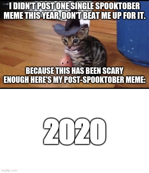 (spooky meme) | I DIDN'T POST ONE SINGLE SPOOKTOBER MEME THIS YEAR, DON'T BEAT ME UP FOR IT. BECAUSE THIS HAS BEEN SCARY ENOUGH HERE'S MY POST-SPOOKTOBER MEME:; 2020 | image tagged in transparent,halloween cat | made w/ Imgflip meme maker