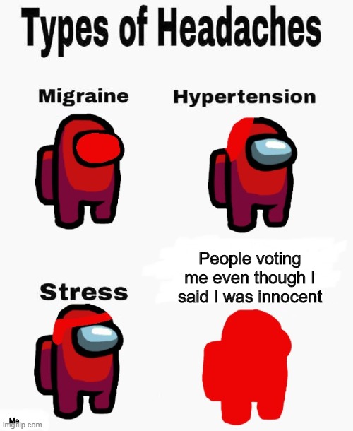 I'm innocent | People voting me even though I said I was innocent; Me | image tagged in among us types of headaches | made w/ Imgflip meme maker