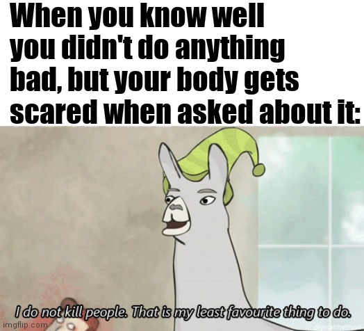 When you know well you didn't do anything bad, but your body gets scared when asked about it: | image tagged in blank white template,i do not kill people llama | made w/ Imgflip meme maker