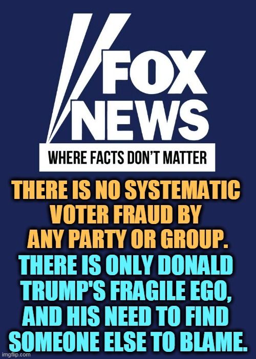 Trump is manufacturing a scapegoat to blame for his own failure. LOSER! | THERE IS NO SYSTEMATIC 
VOTER FRAUD BY 
ANY PARTY OR GROUP. THERE IS ONLY DONALD 
TRUMP'S FRAGILE EGO, 
AND HIS NEED TO FIND 
SOMEONE ELSE TO BLAME. | image tagged in trump,election,fraud,fantasy,liar,loser | made w/ Imgflip meme maker
