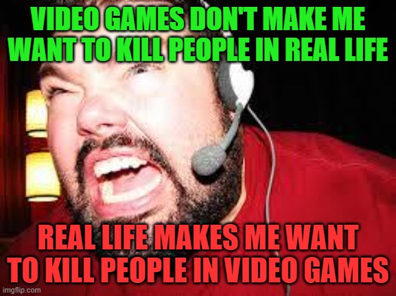 Angry gamer | VIDEO GAMES DON'T MAKE ME WANT TO KILL PEOPLE IN REAL LIFE REAL LIFE MAKES ME WANT TO KILL PEOPLE IN VIDEO GAMES | image tagged in angry gamer | made w/ Imgflip meme maker