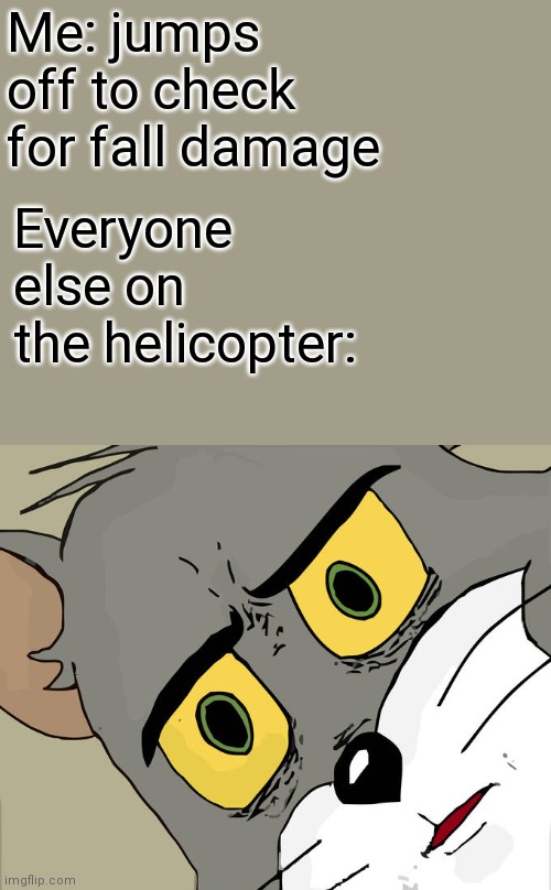 Unsettled Tom | Me: jumps off to check for fall damage; Everyone else on the helicopter: | image tagged in memes,unsettled tom | made w/ Imgflip meme maker