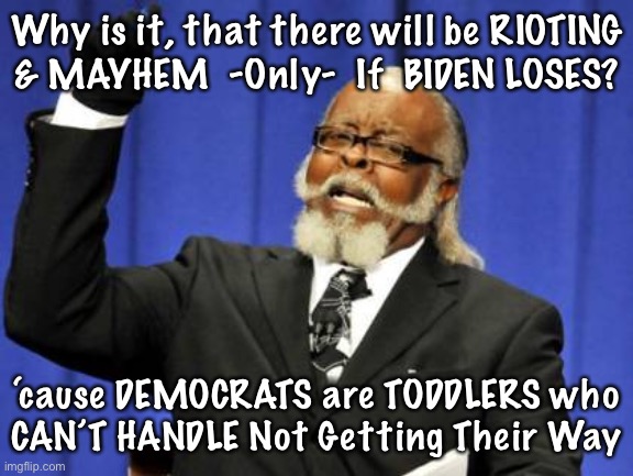 Too Damn High Meme | Why is it, that there will be RIOTING
& MAYHEM  -Only-  If  BIDEN LOSES? ‘cause DEMOCRATS are TODDLERS who
CAN’T HANDLE Not Getting Their Way | image tagged in memes,too damn high | made w/ Imgflip meme maker