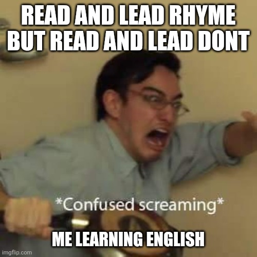 English is a drunk language | READ AND LEAD RHYME BUT READ AND LEAD DONT; ME LEARNING ENGLISH | image tagged in filthy frank confused scream,rhymes,why,english,stupid | made w/ Imgflip meme maker