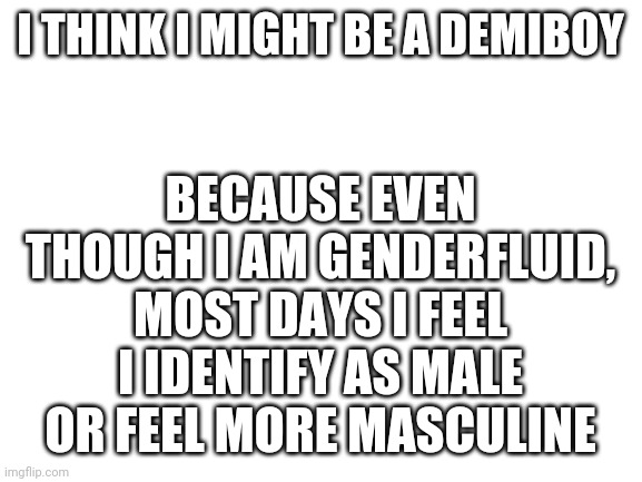 If someone could help me out that'd be nice | BECAUSE EVEN THOUGH I AM GENDERFLUID, MOST DAYS I FEEL I IDENTIFY AS MALE OR FEEL MORE MASCULINE; I THINK I MIGHT BE A DEMIBOY | image tagged in blank white template,demiboy,questioning,help | made w/ Imgflip meme maker
