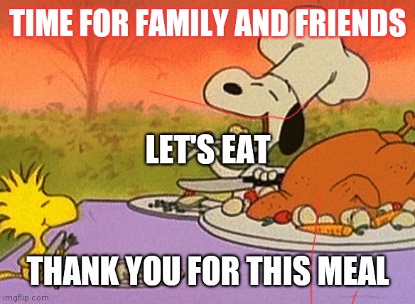 Charlie Brown thanksgiving  | TIME FOR FAMILY AND FRIENDS; LET'S EAT; THANK YOU FOR THIS MEAL | image tagged in charlie brown thanksgiving | made w/ Imgflip meme maker