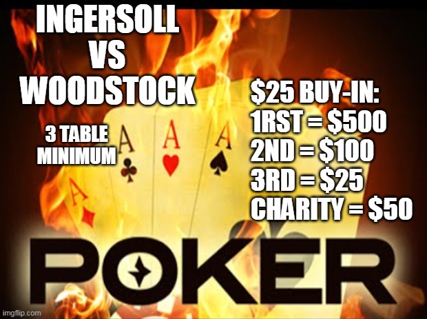 The Covid-Kid | INGERSOLL
VS
WOODSTOCK; $25 BUY-IN:
1RST = $500
2ND = $100
3RD = $25
CHARITY = $50; 3 TABLE  MINIMUM | image tagged in charity,community | made w/ Imgflip meme maker
