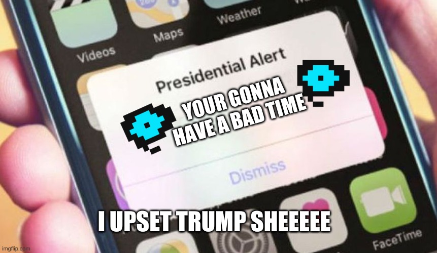 Presidential Alert | YOUR GONNA HAVE A BAD TIME; I UPSET TRUMP SHEEEEE | image tagged in memes,presidential alert | made w/ Imgflip meme maker