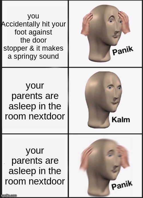 oh child | you Accidentally hit your foot against the door stopper & it makes a springy sound; your parents are asleep in the room nextdoor; your parents are asleep in the room nextdoor | image tagged in memes,panik kalm panik | made w/ Imgflip meme maker