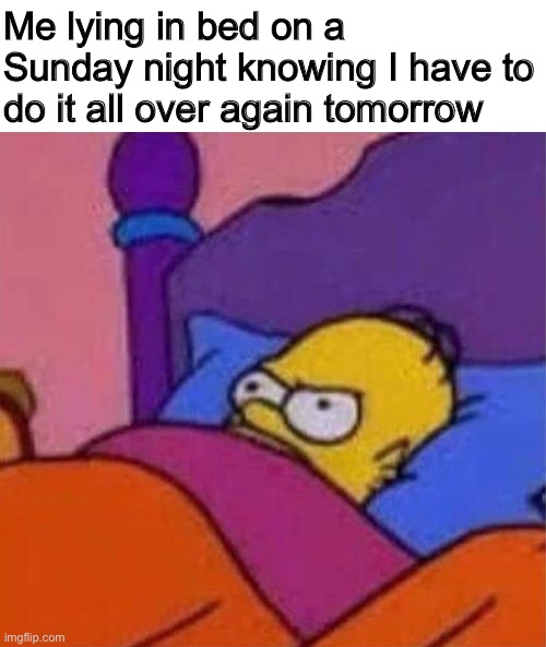 Just for those two special days of freedom again | Me lying in bed on a Sunday night knowing I have to do it all over again tomorrow | image tagged in angry homer simpson in bed,sunday,school,memes,funny | made w/ Imgflip meme maker