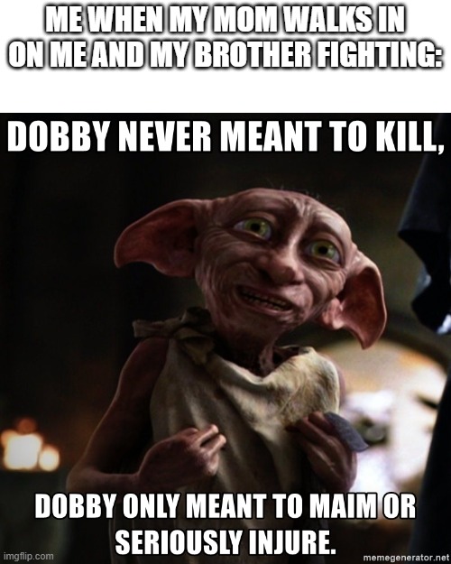 Dobby never meant to kill | ME WHEN MY MOM WALKS IN ON ME AND MY BROTHER FIGHTING: | image tagged in dobby never meant to kill | made w/ Imgflip meme maker