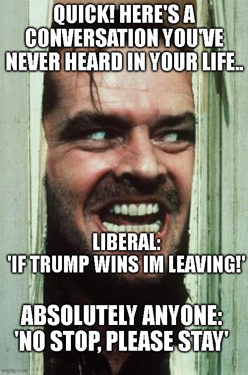 Here's Johnny Meme | QUICK! HERE'S A CONVERSATION YOU'VE NEVER HEARD IN YOUR LIFE.. LIBERAL: 'IF TRUMP WINS IM LEAVING!'; ABSOLUTELY ANYONE: 'NO STOP, PLEASE STAY' | image tagged in memes,here's johnny | made w/ Imgflip meme maker