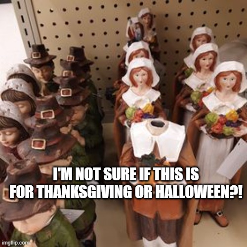 Pilgrim Statues | I'M NOT SURE IF THIS IS FOR THANKSGIVING OR HALLOWEEN?! | image tagged in pilgrim statues | made w/ Imgflip meme maker