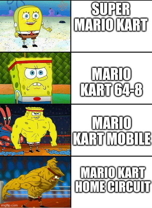 The A.R. one looks incredible | SUPER MARIO KART; MARIO KART 64-8; MARIO KART MOBILE; MARIO KART HOME CIRCUIT | image tagged in strong spongebob chart | made w/ Imgflip meme maker