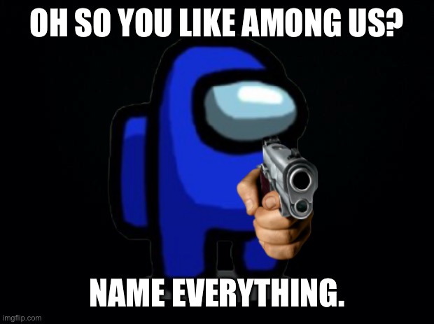 Name everything | OH SO YOU LIKE AMONG US? NAME EVERYTHING. | image tagged in among us,gru gun | made w/ Imgflip meme maker