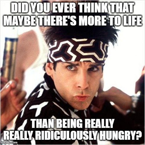 Zoolander | DID YOU EVER THINK THAT MAYBE THERE'S MORE TO LIFE; THAN BEING REALLY REALLY RIDICULOUSLY HUNGRY? | image tagged in zoolander | made w/ Imgflip meme maker