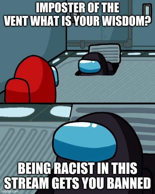 impostor of the vent | IMPOSTER OF THE VENT WHAT IS YOUR WISDOM? BEING RACIST IN THIS STREAM GETS YOU BANNED | image tagged in impostor of the vent | made w/ Imgflip meme maker