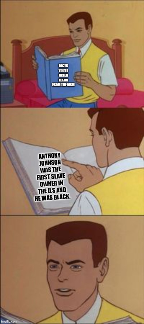 Peter parker reading a book  | FACTS YOU'LL NEVER LEARN FROM THE MSM ANTHONY JOHNSON WAS THE FIRST SLAVE OWNER IN THE U.S AND HE WAS BLACK. | image tagged in peter parker reading a book | made w/ Imgflip meme maker