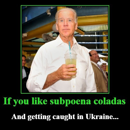 If you like subpoena coladas and getting caught in Ukraine... | image tagged in demotivationals,joe biden worries,sad joe biden,biden corruption scandal,deer in the headlights,wheres hunter biden | made w/ Imgflip meme maker