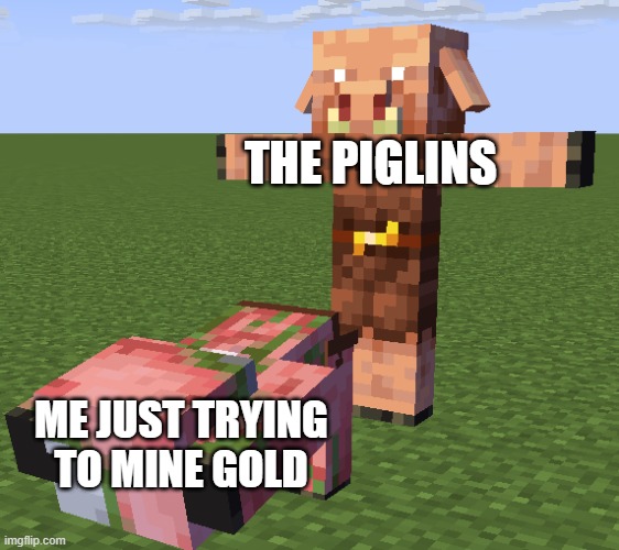 Pigin hiding | THE PIGLINS; ME JUST TRYING TO MINE GOLD | image tagged in pigin hiding | made w/ Imgflip meme maker