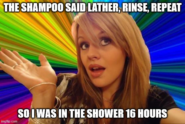 Dumb Blonde Meme | THE SHAMPOO SAID LATHER, RINSE, REPEAT; SO I WAS IN THE SHOWER 16 HOURS | image tagged in memes,dumb blonde | made w/ Imgflip meme maker