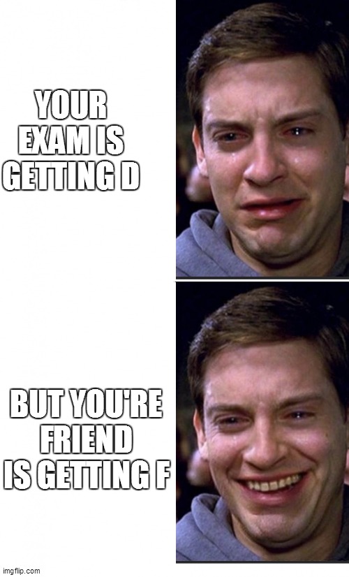 i'm 4 parallel universe ahead of you! | YOUR EXAM IS GETTING D; BUT YOU'RE FRIEND IS GETTING F | image tagged in peter parker crying/happy | made w/ Imgflip meme maker