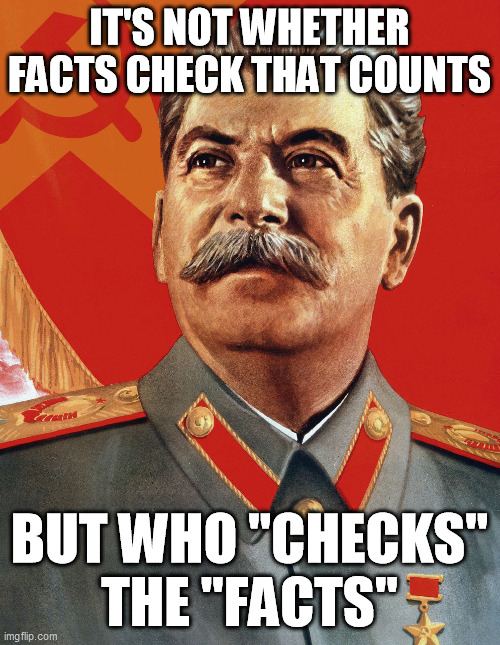 Variation on Joseph Stalin's "who counts the votes" point.  Most people forget both. | IT'S NOT WHETHER FACTS CHECK THAT COUNTS BUT WHO "CHECKS" THE "FACTS" | image tagged in fake news,social media,fact check,facebook,twitter,google censorship | made w/ Imgflip meme maker