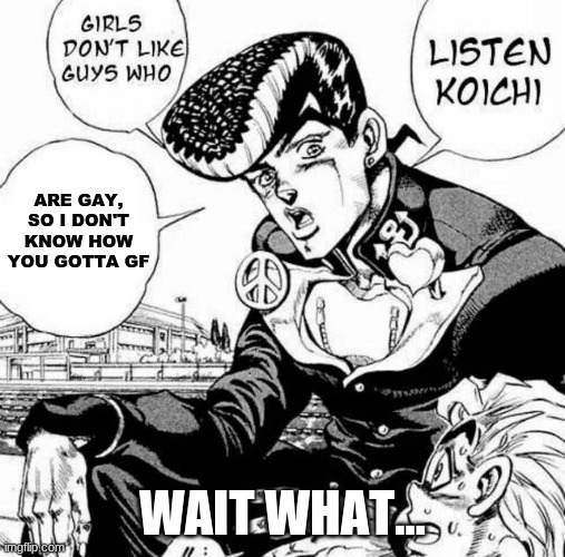 Listen Koichi | ARE GAY, SO I DON'T KNOW HOW YOU GOTTA GF; WAIT WHAT... | image tagged in listen koichi | made w/ Imgflip meme maker