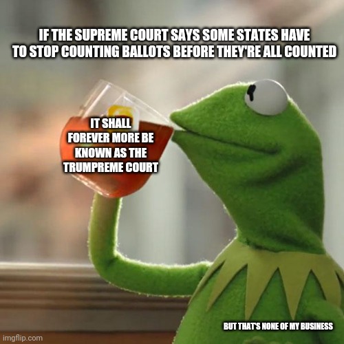 Time Does Not Reverse | IF THE SUPREME COURT SAYS SOME STATES HAVE TO STOP COUNTING BALLOTS BEFORE THEY'RE ALL COUNTED; IT SHALL FOREVER MORE BE KNOWN AS THE TRUMPREME COURT; BUT THAT'S NONE OF MY BUSINESS | image tagged in memes,but that's none of my business,kermit the frog,trump unfit unqualified dangerous,liar in chief,lock him up | made w/ Imgflip meme maker