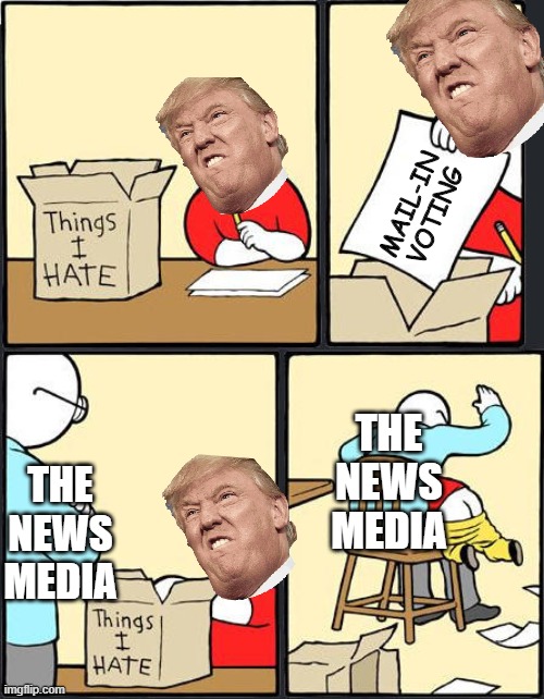 A Meme to Show That the News Media's Still Reliable Today | MAIL-IN VOTING; THE NEWS MEDIA; THE NEWS MEDIA | image tagged in things i hate box meme,memes,politics,ol' reliable,trump,media | made w/ Imgflip meme maker