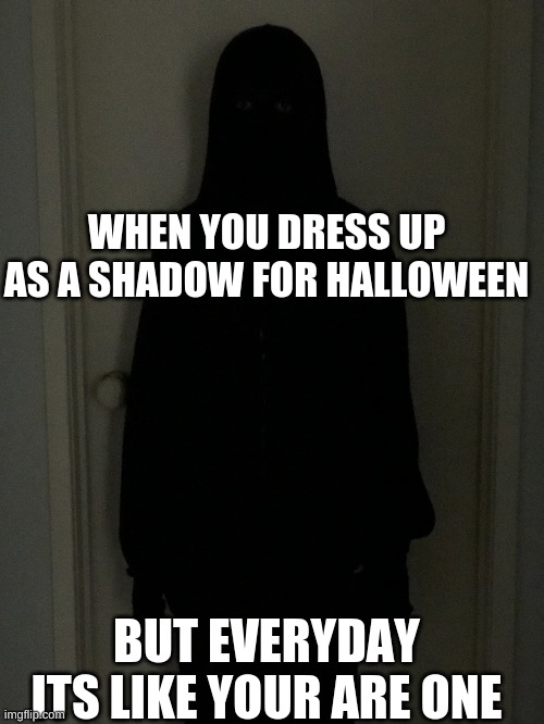 me... :( | WHEN YOU DRESS UP AS A SHADOW FOR HALLOWEEN; BUT EVERYDAY ITS LIKE YOUR ARE ONE | image tagged in shadow,halloween | made w/ Imgflip meme maker