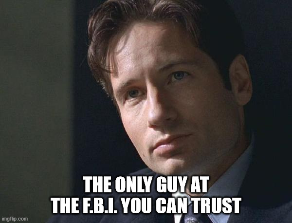 The Only FBI Agent you can trust | THE ONLY GUY AT THE F.B.I. YOU CAN TRUST | image tagged in mulder,trust,fbi | made w/ Imgflip meme maker