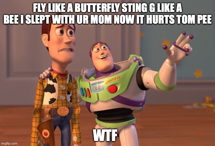 oh hell nah | FLY LIKE A BUTTERFLY STING G LIKE A BEE I SLEPT WITH UR MOM NOW IT HURTS TOM PEE; WTF | image tagged in memes,x x everywhere,cringe worthy | made w/ Imgflip meme maker