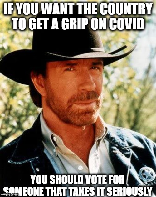 Lets get back on track, vote the idiot morally and intellectually inferior liar trump out | IF YOU WANT THE COUNTRY TO GET A GRIP ON COVID; YOU SHOULD VOTE FOR SOMEONE THAT TAKES IT SERIOUSLY | image tagged in memes,chuck norris,donald trump is an idiot,coronavirus,election 2020,joe biden | made w/ Imgflip meme maker