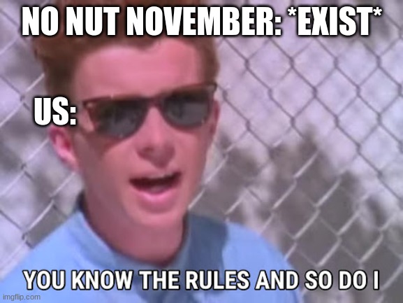 No nut november | NO NUT NOVEMBER: *EXIST*; US: | image tagged in rick astley you know the rules | made w/ Imgflip meme maker