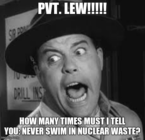 Sgt. Carter Yelling | PVT. LEW!!!!! HOW MANY TIMES MUST I TELL YOU: NEVER SWIM IN NUCLEAR WASTE? | image tagged in sgt carter yelling | made w/ Imgflip meme maker