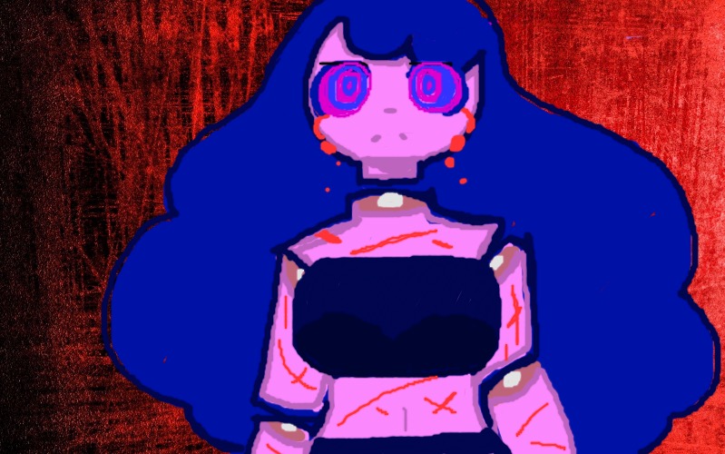 Here is some gore.........ish? Art of my new oc Mia! I drew this at like 5 in the morning and I'm proud of it | image tagged in red background | made w/ Imgflip meme maker