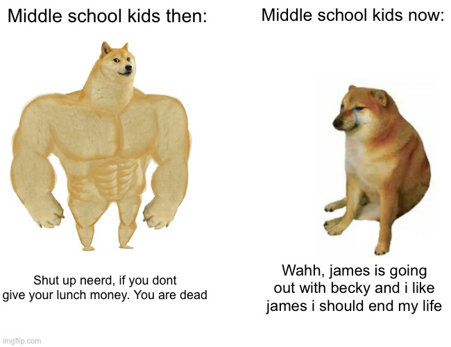 Buff Doge vs. Cheems | Middle school kids then:; Middle school kids now:; Shut up neerd, if you dont give your lunch money. You are dead; Wahh, james is going out with becky and i like james i should end my life | image tagged in memes,buff doge vs cheems | made w/ Imgflip meme maker