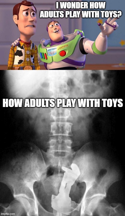 How do adults play with toys | I WONDER HOW ADULTS PLAY WITH TOYS? HOW ADULTS PLAY WITH TOYS | image tagged in toy story,woody and buzz lightyear everywhere widescreen,woody,buzz lightyear,buzz and woody | made w/ Imgflip meme maker