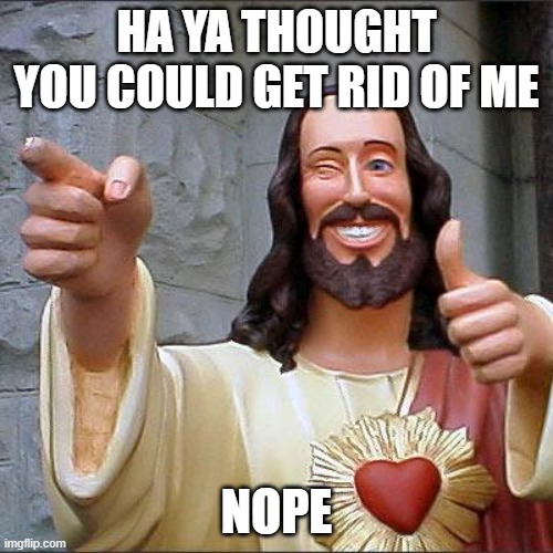 Buddy Christ Meme | HA YA THOUGHT YOU COULD GET RID OF ME; NOPE | image tagged in memes,buddy christ | made w/ Imgflip meme maker