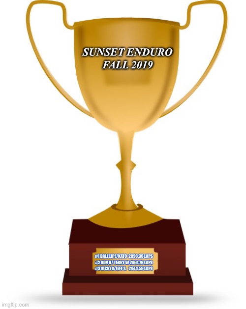 Sunset 240 fall 2019 | SUNSET ENDURO
FALL 2019; #1 DALE LIPE/KATO  2093.36 LAPS
#2 RON H/ TERRY W 2061.79 LAPS
#3 RICKYD/JEFF S.   2044.59 LAPS | image tagged in blank trophy | made w/ Imgflip meme maker