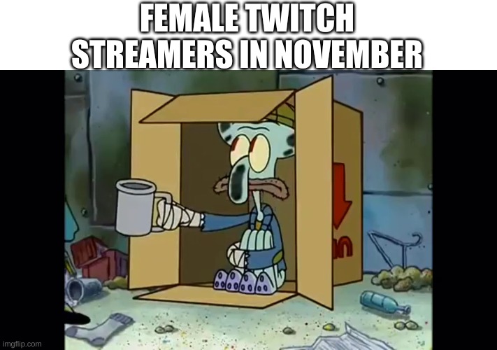 Poor Squidward | FEMALE TWITCH STREAMERS IN NOVEMBER | image tagged in poor squidward | made w/ Imgflip meme maker