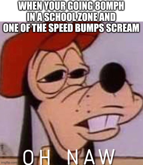 OH NAW | WHEN YOUR GOING 80MPH IN A SCHOOL ZONE AND ONE OF THE SPEED BUMPS SCREAM | image tagged in oh naw | made w/ Imgflip meme maker