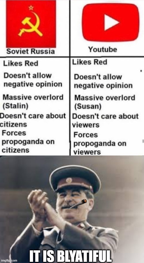 The truth...Is blyatiful!!! | IT IS BLYATIFUL | image tagged in youtube,ussr,stalin | made w/ Imgflip meme maker